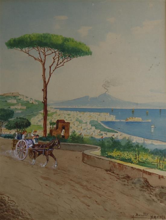 Bonetti, watercolour, Horse and cart before the bay of Naples, signed, 28 x 21cm